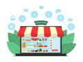 Online Grocery Shopping Concept. Supermarket in laptop with online ordering and delivery icons. E-commerce online store. Shop