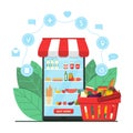 Online Grocery Shopping Concept. Supermarket in smartphone with product basket and icons. E-commerce online store. Ordering food