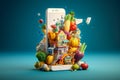 Online grocery shopping and delivery app, Food market in smartphone. Generative AI Royalty Free Stock Photo