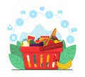 Online grocery shopping and delivery concept. Red plastic shopping basket full of groceries products. Grocery store. Healthy