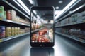 Online Grocery Shopping with Phone and Supermarket Aisles in Background, AI Generative