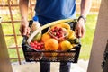 Online grocery shopping service concept - delivery man with food Royalty Free Stock Photo