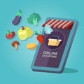 Online grocery shopping store, food goods. On mobile screen