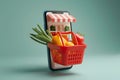 Online grocery store app with fresh produce on screen and shopping basket