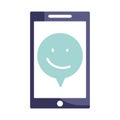 Online grocery store, smartphone happy face quality service, icon design isolated white background