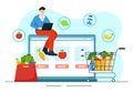 Online Grocery Store Vector Illustration with Food Product Shelves, Racks Dairy, Fruits and Drinks for Shopping Order