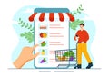 Online Grocery Store Vector Illustration with Food Product Shelves, Racks Dairy, Fruits and Drinks for Shopping Order
