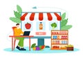 Online Grocery Store Vector Illustration with Food Product Shelves, Racks Dairy, Fruits and Drinks for Shopping Order