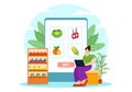 Online Grocery Store Vector Illustration with Food Product Shelves, Racks Dairy, Fruits and Drinks for Shopping Order