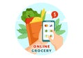 Online Grocery Store Vector Illustration with Food Product Shelves, Racks Dairy, Fruits and Drinks for Shopping Order