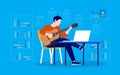 Online guitar lesson - Man sitting in chair playing instrument in front of laptop computer