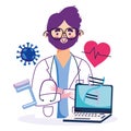 Online health, doctor laptop medicine bottle protection covid 19 pandemic