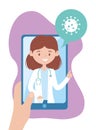 Online health, smartphone consultation female doctor covid 19 coronavirus