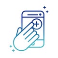 Online health, smartphone hand click medical app covid 19 pandemic gradient line icon