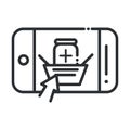 Online health, smartphone shopping basket pharmacy app covid 19 pandemic line icon