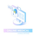 Online Healthcare Isometric Concept. Medical Consultation, Diagnostics Application on Computer Modern Medical Technology
