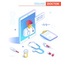 Online Healthcare Isometric Concept. Medical Consultation, Diagnostics Application on Computer, Tablet, Smartphone