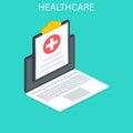 Online healthcare and medical consultation. Healthcare concept. Flat isometric vector illustration.