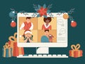 Online holiday party. People quarantined in costumes having video call celebrating Celebrating Christmas