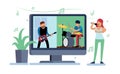 Online home concert, people play on self isolation. Musical group on computer screen, guitarist and drummer, girl sings