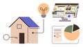 Online Home Management Concept with House, Lightbulb, Key, Pie Chart, and App on Computer Screen Royalty Free Stock Photo