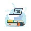 Online homeschooling. Open laptop on books stack, self education and development, distance learning on digital courses, knowledge Royalty Free Stock Photo