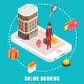 Online hotel booking concept vector flat isometric illustration.