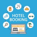 Online hotel booking. Laptop with holiday icons. Holiday vacation concept. Renting accommodations. Book button and bed