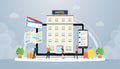 Online hotel reservation concept with ticket and smartphone and maps with modern flat style - vector