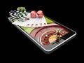 Online Internet casino app,poker cards with dice and casino chips on the phone. 3d illustration