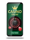 Online Internet casino marketing banner. phone app with dice, poker and roulette wheel. Playing Web poker and gambling