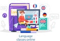 Online internet language courses. Foreign speech study at home using computer, distance classes