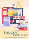 Online internet language courses. Foreign speech study at home using computer, distance classes