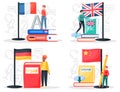 Online internet language courses. Foreign speech study at home using computer, distance classes