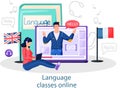 Online internet language courses. Foreign speech study at home using computer, distance classes