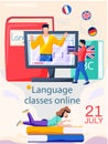 Online internet language courses. Foreign speech study at home using computer, distance classes