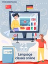 Online internet language courses. Foreign speech study at home using computer, distance classes