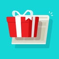 Online or internet paper gift box prize win as giveaway from web site vector illustration, flat cartoon present bonus or