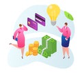Online internet payment banking concept, businesswoman talk with female bank employee 3d isometric vector illustration