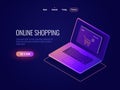 Online internet shopping isometric icon, website purchase, laptop with online shop page, laptop dark neon