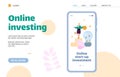 Online investing website page template, flat cartoon vector illustration.