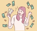 Online investment, Lottery winner overjoyed rich woman and money earning Royalty Free Stock Photo