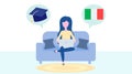 Online Italian Learning, distance education concept. Language training and courses. Woman student studies foreign languages on a