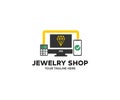 Online Jewelry shop showcase logo design. Diamond shop with rings and necklaces luxury retail store window display vector design Royalty Free Stock Photo