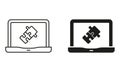 Online Jigsaw Game in Laptop Line and Silhouette Icon Set. Puzzle App in Computer Icon. Web Digital Puzzle Sign