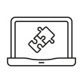 Online Jigsaw Game in Laptop Linear Pictogram. Puzzle App in Computer Line Icon. Web Digital Puzzle Outline Sign