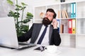 Online job that is flexible and easy. Bearded man run online business. Marketing manager work online in office. Digital