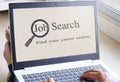 Online job search, hand hold computer notebook to search job vacancy