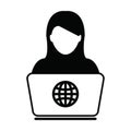 Online jobs icon vector person with laptop computer female user person profile avatar globe symbol for working online from home Royalty Free Stock Photo