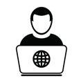 Online jobs icon vector person with laptop computer male user person profile avatar globe symbol for working online from home